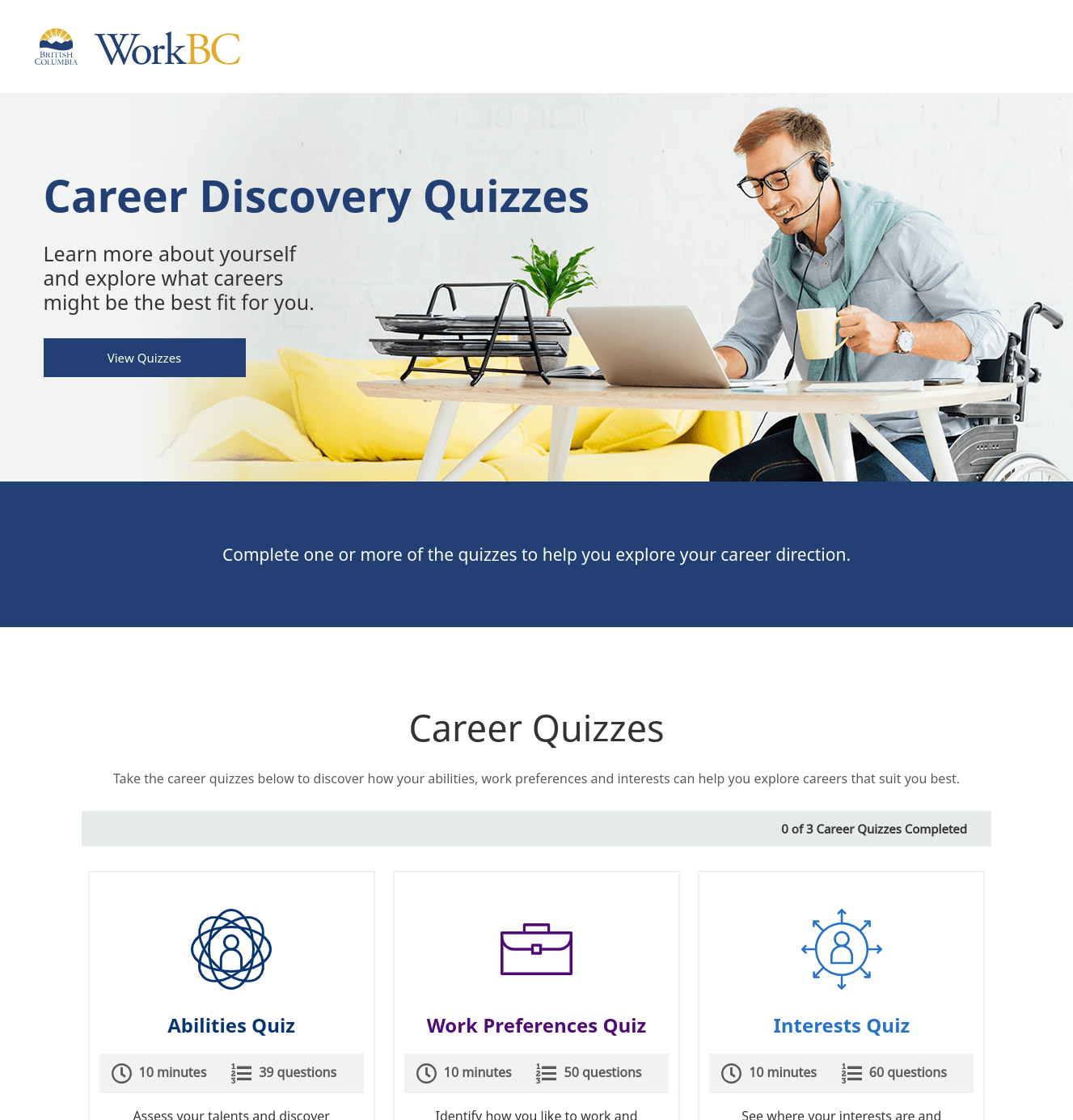 A screenshot of the front page of CareerDiscoveryQuizzes.WorkBC.ca