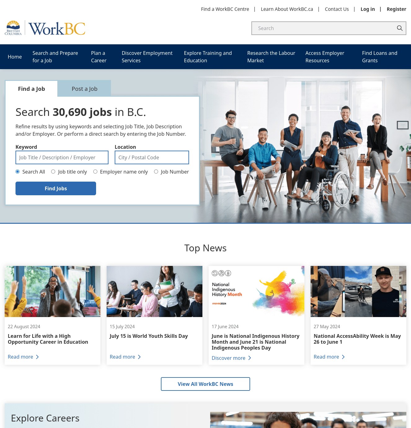 A screenshot of the front page of WorkBC.ca